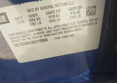 2013 Chevrolet Malibu 1Lt z USA, uszkodzony, nr VIN 1G11C5SA2DU116869